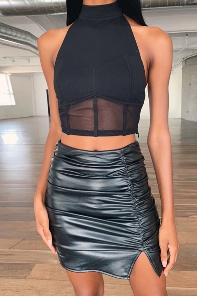 Cool Sexy Black High Waisted Ruched Split Leather Tight Mini Skirt for Party Girls