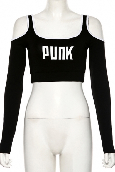 Cool Street Black Long Sleeve Cold Shoulder PUNK Letter Contrast Piped Crop T Shirt for Women