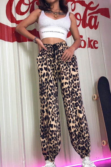 Cool Street Girls' Elastic Waist Drawstring Leopard Print Cuffed Full Length Oversize Trousers