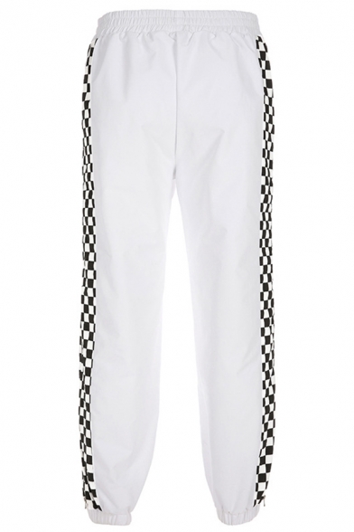 Cool Street White Elastic Waist Checkered Print Zipper Side Cuffed Ankle Baggy Trousers for Women