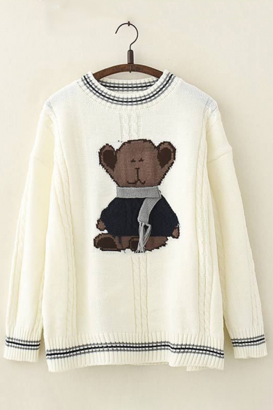 Cute Bear Embroidery Stripe Trim Round Neck Long Sleeves Oversized Knitted Sweater