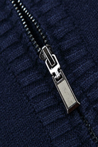 Cute Cartoon Printed Long Sleeve Stand Collar Zip Placket Casual Dark Blue Knitted Jacket Cardigan