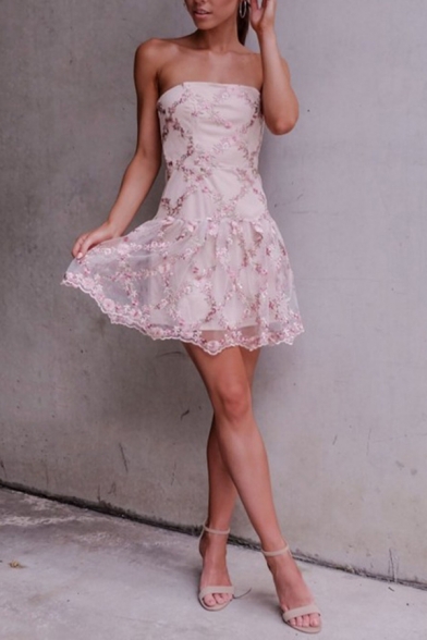Cute Girls' Sleeveless Strapless Floral Patterned Patched Lace Zipper Back Pleated Short A-Line Party Tube Dress in Pink