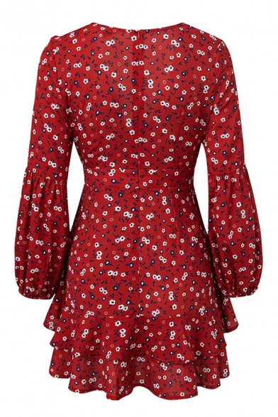 Cute Gorgeous Girls' Long Sleeve Deep V-Neck Floral Print Bow Tie Waist Ruffled Trim Pleated Short A-Line Dress in Red