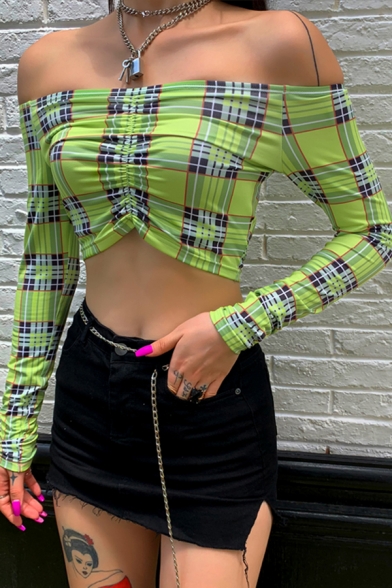 Edgy Girls' Long Sleeve Off The Shoulder Plaid Patterned Ruched Slim Fit Crop T-Shirt in Green