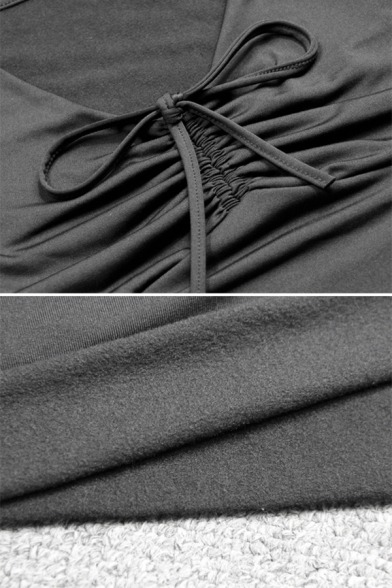 Elegant Basic Long Sleeve Deep V-Neck Bow-Tie Front Ruched Slim Plain Crop T Shirt for Girls