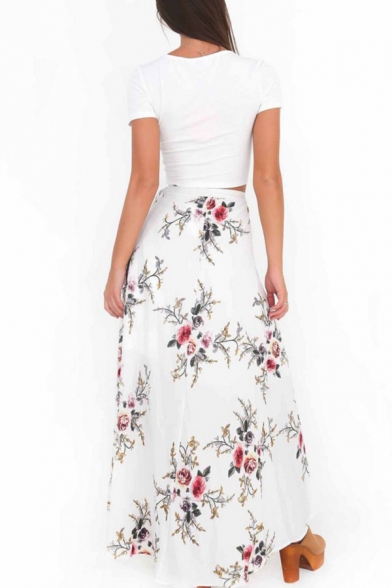 Elegant Gorgeous Women's High Waist Bow Tie Floral Print High Split Side Asymmetric Maxi Wrap Flowy Skirt