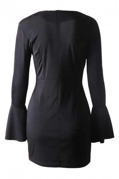 Elegant Ladies' Long Sleeve Surplice Neck Mental Button Zipper Back Ruffled Trim Fitted Short Wrap Dress