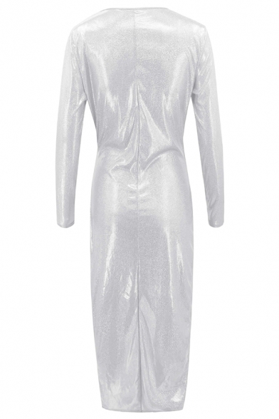 Elegant Pretty Ladies' Long Sleeve Surplice Neck High Slit Front Plain Maxi Wrap Column Dress for Evening Cocktail