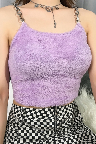 Fancy Purple Sleeveless Chain Fluffy Slim Fit Crop Cami Top for Party Girls