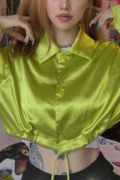 Fashion Street Long Sleeve Point Collar Button Down Drawstring Bow-Tie Green Flared Crop Top  For Women