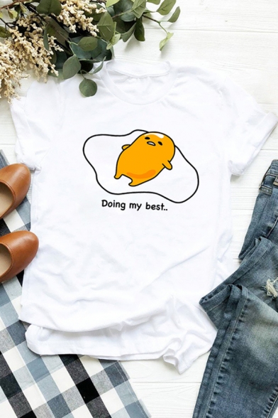 Funny Cartoon Egg DOING MY BEST Print Short Sleeve Loose Graphic Pullover T-Shirt