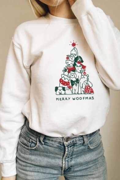 Funny Dogs Letter MERRY WOOFMAS Printed Long Sleeve Chic Pullover Sweatshirt