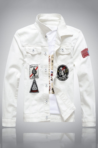 Funny Embroidery Badge Printed Long Sleeve Single Breasted White Fitted Denim Jacket