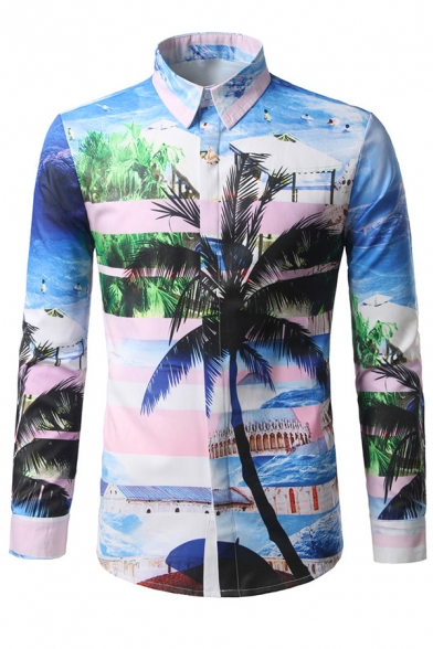 Hawaii Style Coconut Palm Beach 3D Print Long Sleeve Button Up Holiday Shirt