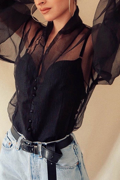 Hot Girls' Blouson Sleeve Deep V-Neck Button Down See-Through Plain Mesh Fitted Blouse for Party