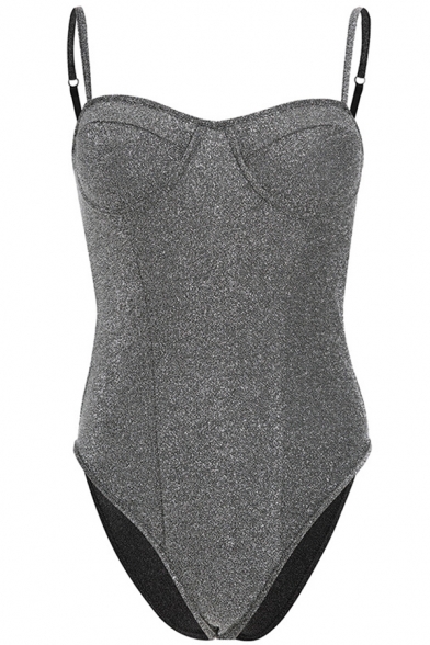 Ladies' Edgy Looks Sleeveless Sweetheart Neck Sequired Slim Fit Cami Bodysuit in Grey