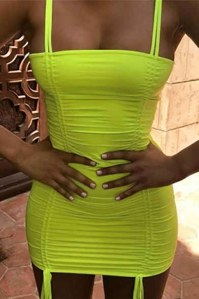 Ladies Sexy Plain Fluorescent Green Chic Spaghetti Straps Ruched Drawstring Front Mini Club Dress