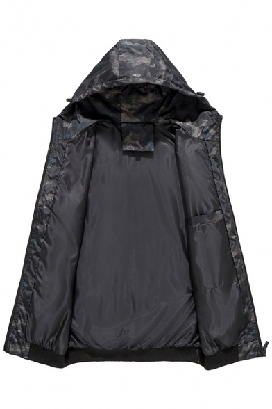 Mens Basic Camo Printed Long Sleeve Zip Up Black Sports Track Jacket Coat