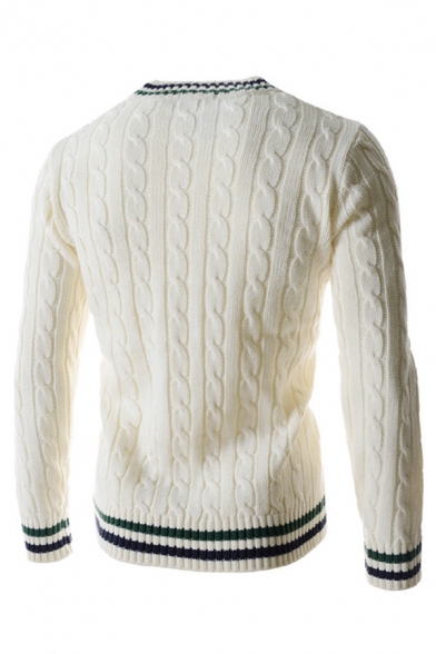Mens Casual Contrast Striped Panel V-Neck Long Sleeve Slim Fit Casual Cable Knit Pullover Sweater