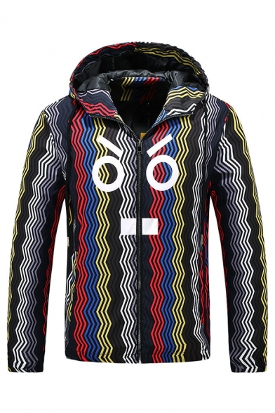 Mens Casual Geometric Cartoon Face Printed Long Sleeve Zip Up Colorblocked Zigzag Track Jacket with Hood