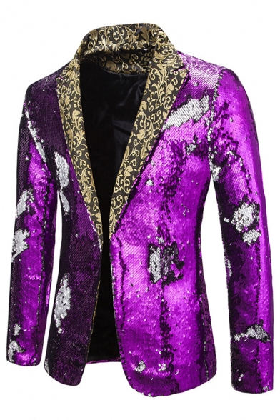 Mens Chic Floral Printed Notched Collar Color Block Sequined Open Front Formal Blazer for Party