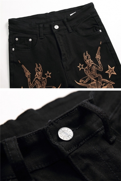 Mens Cool Girl Star Letter Printed Zipper Placket Tapered Pants 