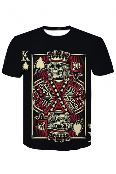 Mens Creative Letter K Poker Skull Print Short Sleeve Crew Neck Black T-Shirt