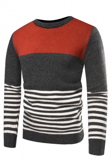 Mens Fashion Color Blocked Stripe Printed Knit Long Sleeve Slim Fitted Pullover Sweater