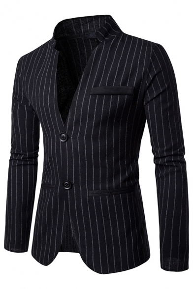 Mens Leisure Pinstriped Pattern Long Sleeve Double Button Fitted Suit Blazer