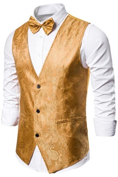 Mens Popular Chic Paisley Pattern V-Neck Single Breasted Slim Fitted Blazer Waistcoat