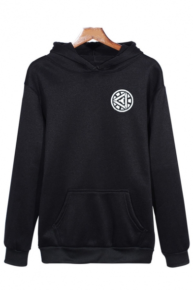Mens Popular Geometric Pattern Long Sleeve Pouch Pocket Black Pullover Hoodie