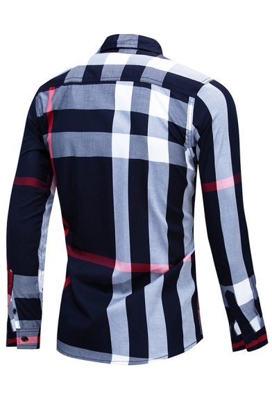 Mens Simple Checked Pattern Long Sleeve Button Up Slim Fit Cotton Shirt