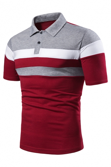 Mens Simple Colorblock Striped Print Short Sleeve Button Up Slim Fit Polo Shirt