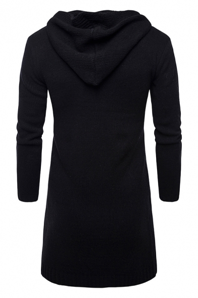 Mens Simple Open Front Long Sleeve Chunky Knit Plain Tunic Hooded Cardigan Coat