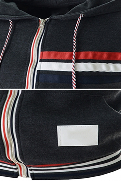 Mens Simple Stripe Printed Sleeveless Zip Up Casual Sports Drawstring Hooded Vest Hoodie