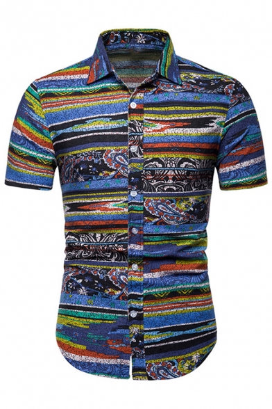 Mens Unique Colorful Stripes Tribal Pattern Short Sleeves Curved Hem Button Down Summer Shirt