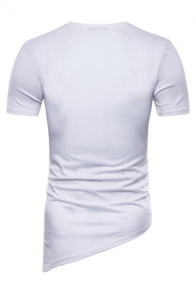 Mens Unique Lace Up Detail Asymmetric Hem Short Sleeve Plain Slim Fit T-Shirt