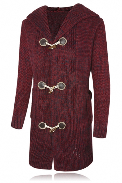 Mens Unique Plain Long Sleeve Button Down Longline Chunky Knit Duffle Coat Cardigan