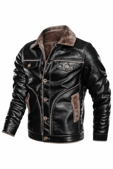 Mens Warm Faux Fur Lined Long Sleeve Single Breasted Black PU Leather Jacket