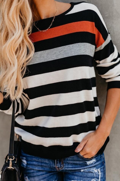 New Arrival Contrast Stripes Printed Boat Neck Long Sleeve Black Loose T-Shirt