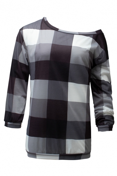 New Fashion Checked Pattern One Shoulder Long Sleeve Casual T-Shirt Top