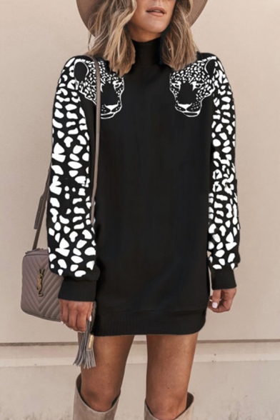 

New Fashion Leopard Printed Long Sleeve Loose Fit Black and White Tunic Pullover Sweatshirt, LM569781