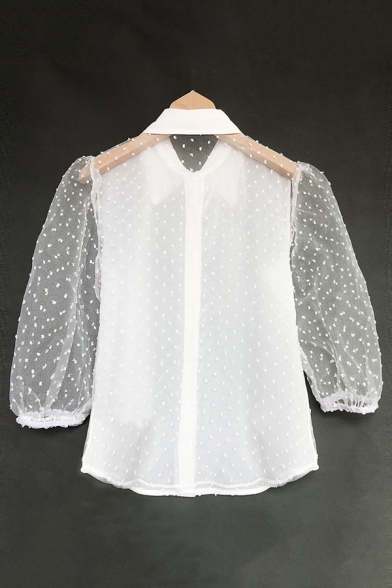 New Fashion Plain Polka Dot Printed Lantern Half Sleeve Lapel Button Down Sheer Tulle Shirt