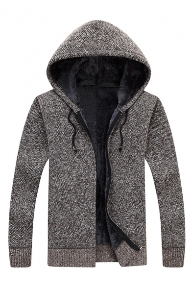 New Fashion Solid Color Coffee Long Sleeve Zip Placket Slim Fit Hooded Knitted Jacket Hoodie
