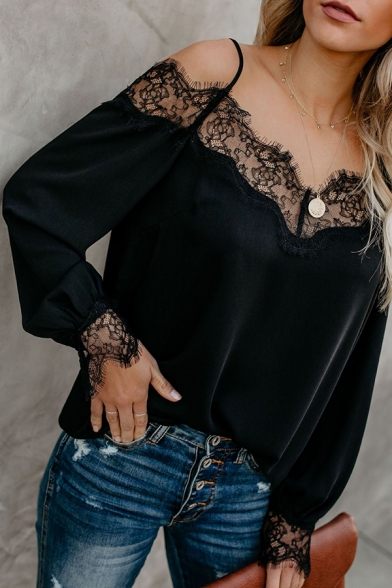 New Stylish Plain Lace Panel Off the Shoulder Spaghetti Straps Long Sleeve Loose Relaxed T-Shirt