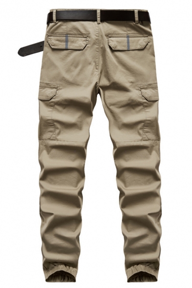 New Trendy Solid Color Khaki Multi-Pocket Zip Front Casual Cargo Pants