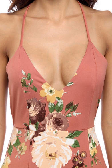 Pink Glamorous Women's Sleeveless Deep V-Neck Floral Print Open Back Split Side Maxi Beach Flowy Dress