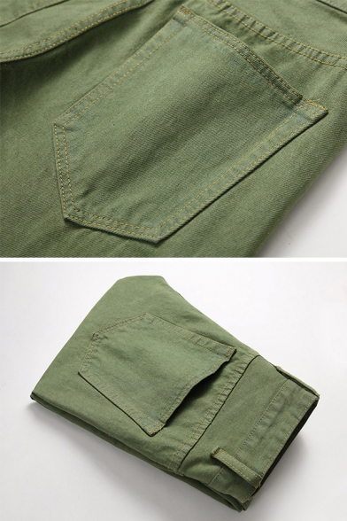 Plain Army Green Zip Placket Shredded Ripped Denim Pants Loose Jeans