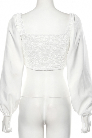 Plain Blouson Sleeve V-Neck Bow-Tie Cut Out Pearl Button Pleated Fitted Crop Blouse for Girls